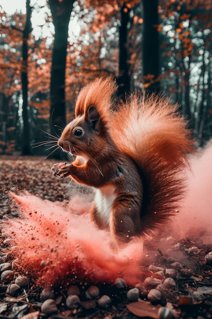 Encantadora escena de otoño con una ardilla vibrante en medio de un colorido fondo forestal y un efecto mágico