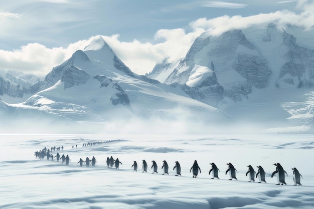 Una encantadora escena de pingüinos marchando al unísono a través del terreno nevado