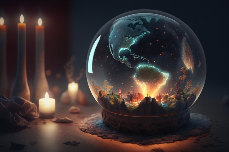 Encantadora esfera de cristal con la Tierra adentro sobre una mesa IA generativa