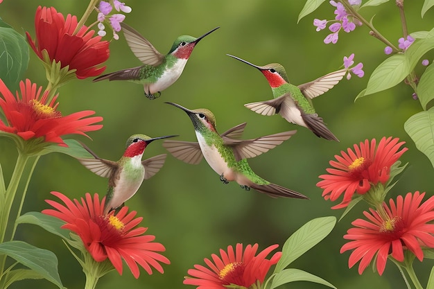 Foto encantadora familia de colibríes en un exuberante jardín de flores silvestres la gracia de la naturaleza en vuelo