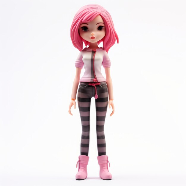 Foto encantadora figura de chica de pelo rosado impresa en estilo anime en 3d con leggings a rayas