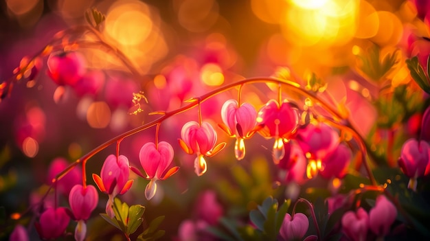 Foto encantadora flor de corazones rosados sangrantes a la luz del atardecer con un fondo de bokeh soñador para la tranquilidad