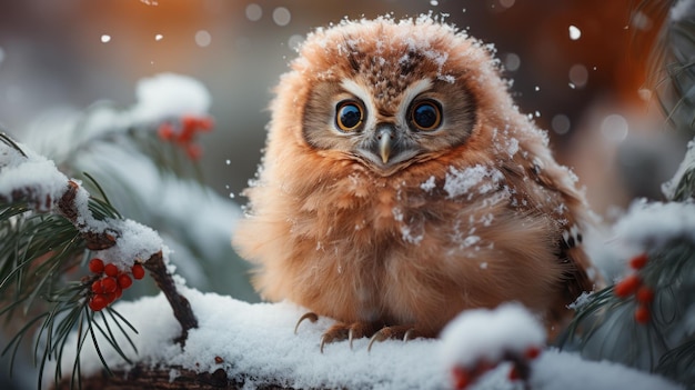 Foto encantadora floresta de inverno com bebê coruja ai gerada