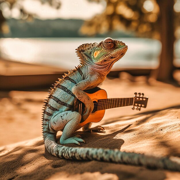 Una encantadora fotografía de un camaleón con gafas de sol IA generativa