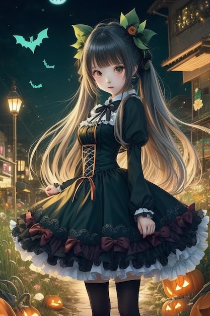 Encantadora garota de anime com visual de Halloween em vestido adornado com fita