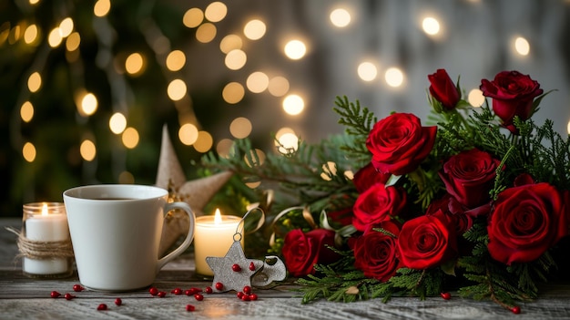 encantadora harmonia floral rosas vermelhas e boxwood adornado com guirlandas velas estrelas e uma xícara de