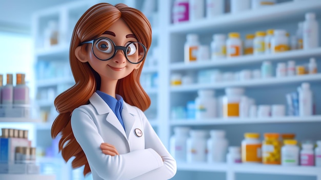 Una encantadora ilustración en 3D de un lindo farmacéutico de pie con confianza contra un fondo blanco Esta encantadora imagen captura la esencia del profesionalismo y ofrece una visión contemporánea