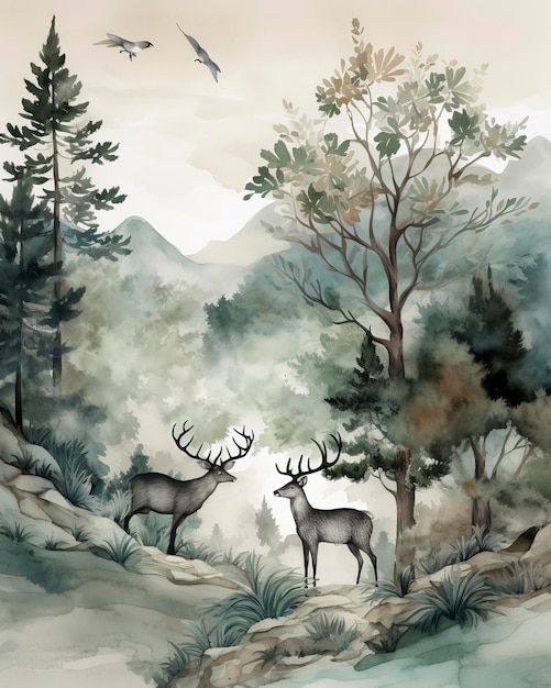 Una encantadora ilustración en acuarela de un majestuoso ciervo parado entre un bosque de ramas y flores Generative Ai