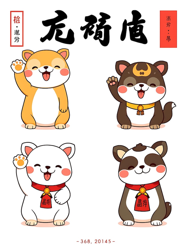 Foto encantadora ilustración dibujada a mano de cuatro perros shiba inu afortunados para el año del perro