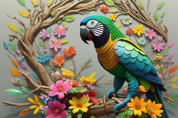 Una encantadora ilustración de dibujos animados de un colorido loro posado en la rama de un árbol El vibrante tropical