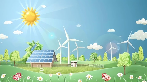 Una encantadora ilustración de dibujos animados de un paisaje verde con turbinas eólicas una casa de paneles solares y un sol brillante brillando por encima