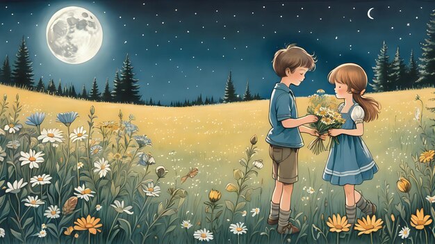 Una encantadora ilustración de un niño y una niña en un prado iluminado por la luna