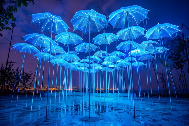 La encantadora instalación de paraguas azules ilumina el cielo nocturno