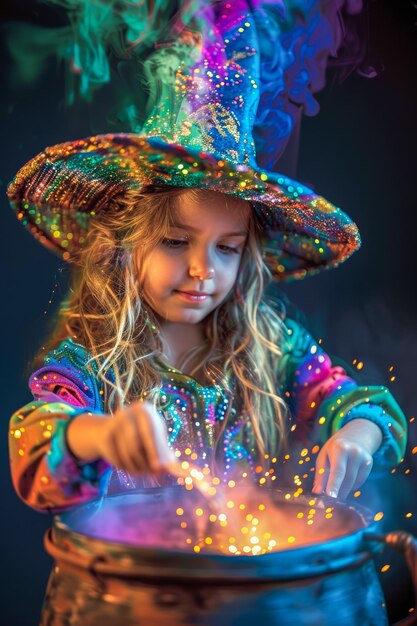 Foto encantadora joven vestida como un mago conjurando chispas mágicas con un hechizo en un caldero en un