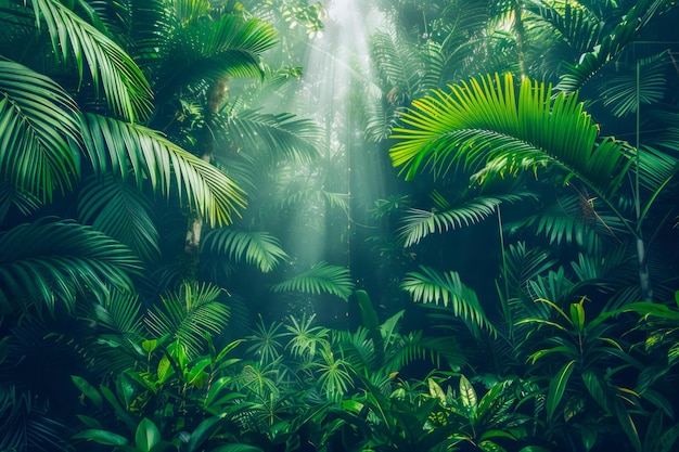 Foto la encantadora luz del sol se filtra a través del exuberante verde del dosel de la selva tropical