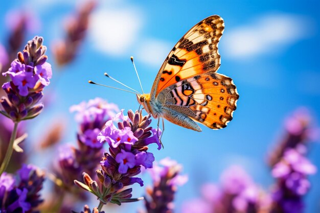 Una encantadora mariposa con alas de colores en un fondo de coloridas flores de verano parece