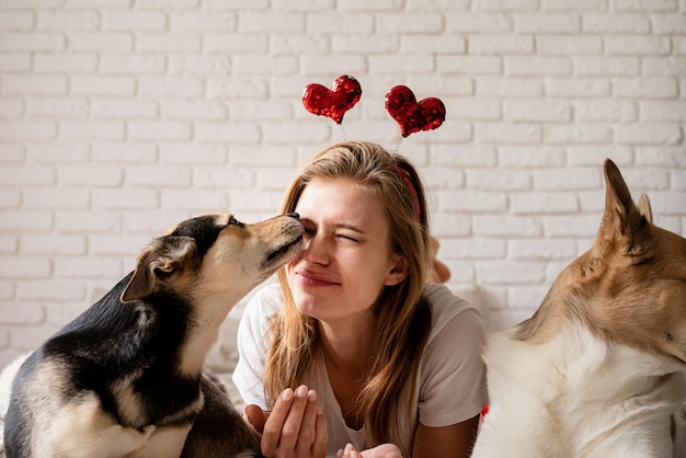 Encantadora mascota Mujer joven con su lindo perro de raza mixta en casa divirtiéndose y besando una foto divertida