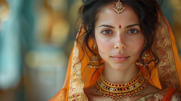 Foto una encantadora mujer india con un sari y un bindi