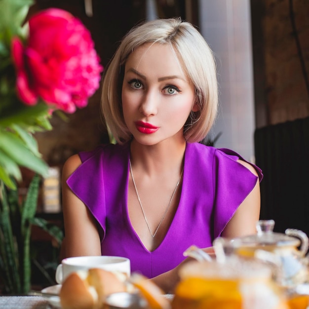 Encantadora mujer rubia en el restaurante