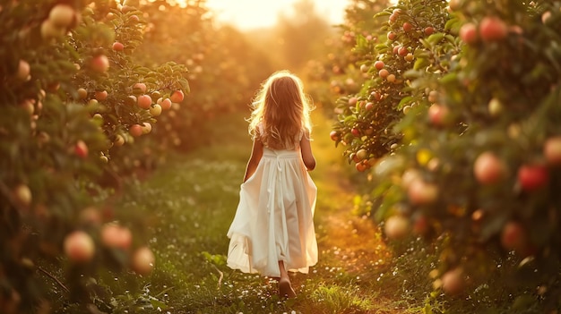 Una encantadora niña de cinco años con un hermoso vestido blanco que fluye paseando por un huerto al atardecer emanando el encanto de la primavera