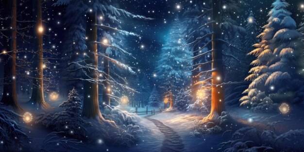 Foto encantadora noche de invierno en un bosque de cuentos de hadas cubierto de nieve iluminado por linternas brillantes