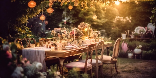 Una encantadora y opulenta fiesta en el jardín en una verde y atmosférica velada nocturna de verano