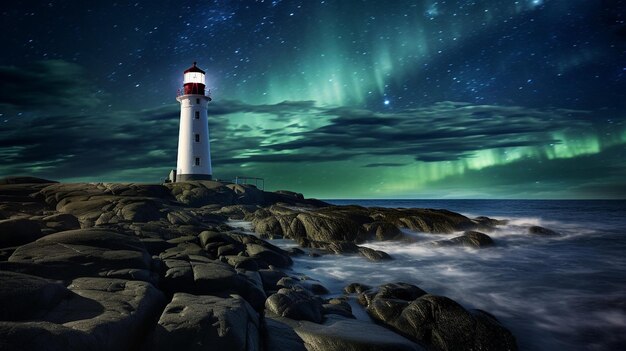 Foto encantadora paisagem marinha noturna com aurora e farol