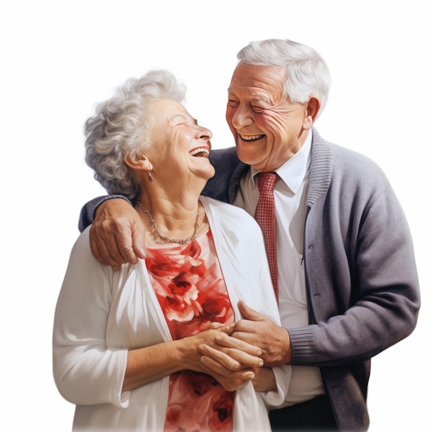 Una encantadora pareja de ancianos sonrientes sobre un fondo blanco