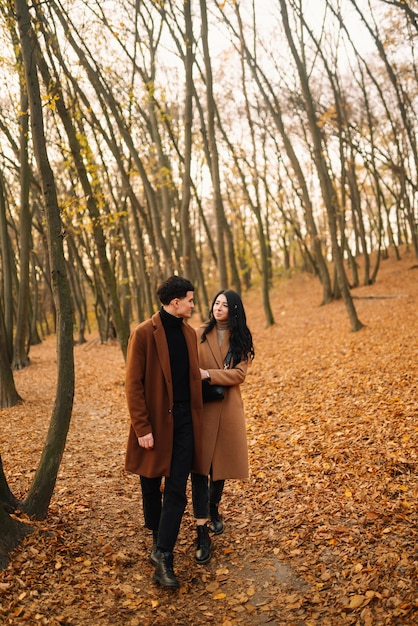 Encantadora pareja caminando en el bosque de otoño