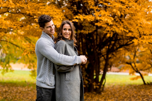 Encantadora pareja joven en el bosque de otoño