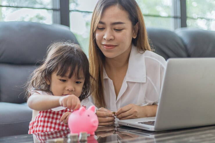Encantadora pequeña niña asiática y madre poniendo dinero en la hucha para el ahorro