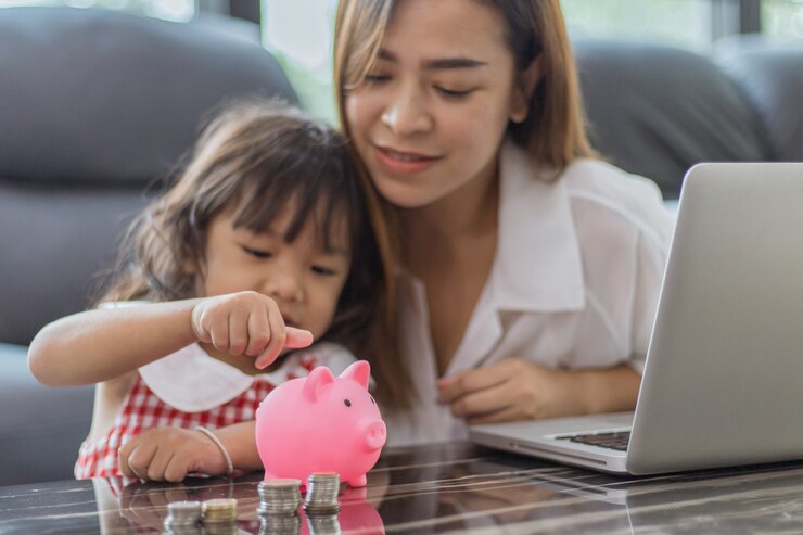 Encantadora pequeña niña asiática y madre poniendo dinero en la hucha para el ahorro