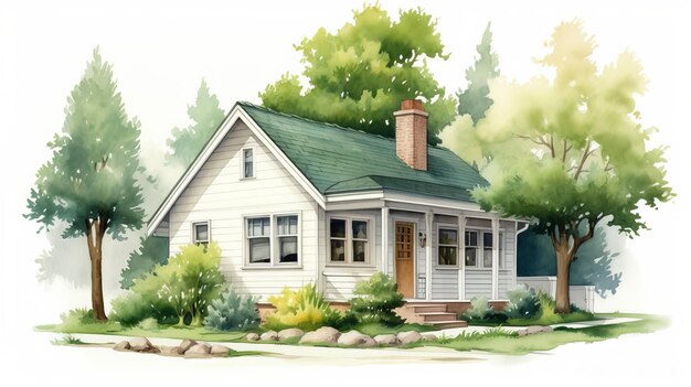 Encantadora pintura en acuarela inspirada en el anime de una pequeña casa con árboles