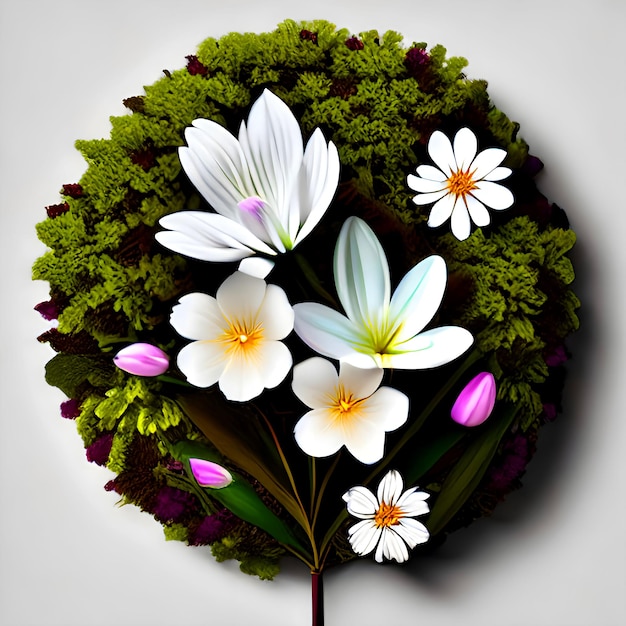 encantadora primavera_flores_y_hojas_en_blanco_fondo_con_negativo_espacio_3d_creativo