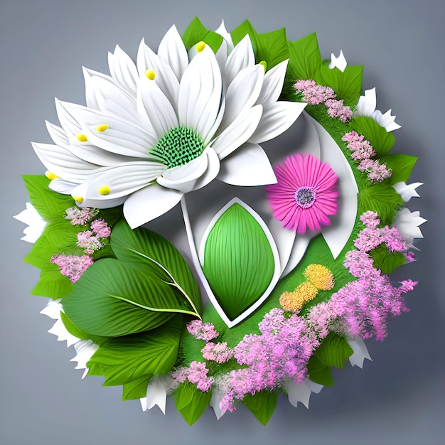 encantadora primavera_flores_y_hojas_en_blanco_fondo_con_negativo_espacio_3d_creativo