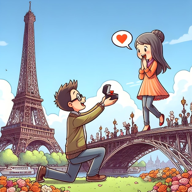 Foto la encantadora propuesta de matrimonio en la torre eiffel capturada en una ilustración animada