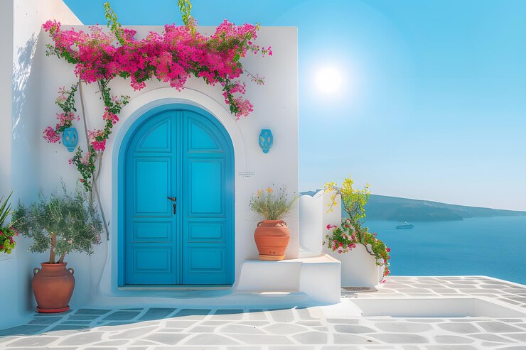 La encantadora puerta azul rodeada de buganvillas en Santorini