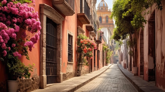 encantadora rua de paralelepípedos adornada com lindas flores cor de rosa