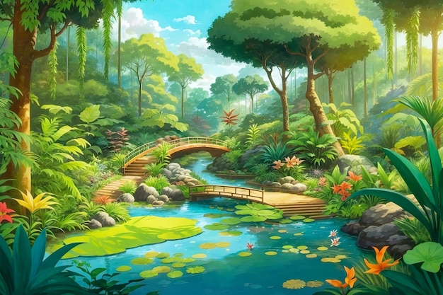 Encantadora selva de desenhos animados, natureza selvagem, aventura, jardim botânico em floresta verde de fantasia