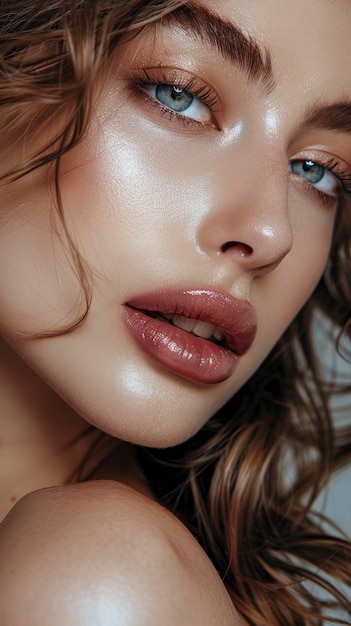 Encantadora y sensual maquilladora foto de estudio femenina con espacio de copia grandes ojos hermosos labios tiernos