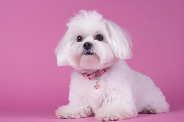 Encantadora sesión de fotos de perrito faldero maltés en el estudio sobre un fondo rosa