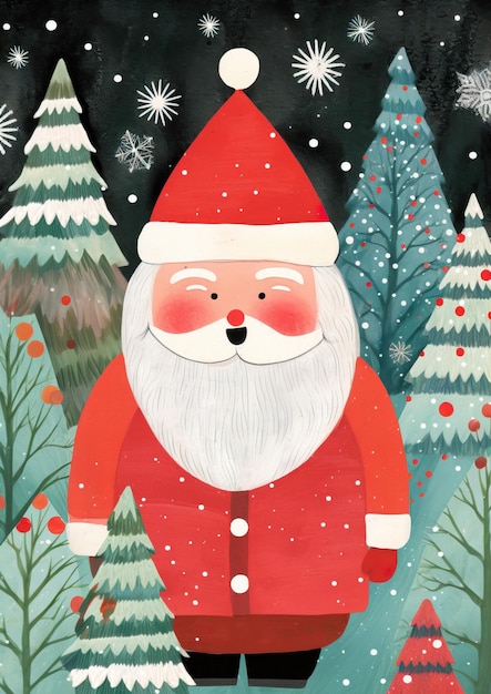 Encantadora tarjeta de Navidad para niños con una ilustración en primer plano de Papá Noel