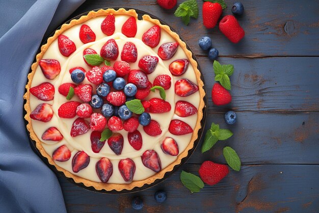 Una encantadora tarta casera con bayas y hojas de menta