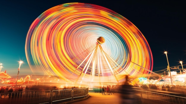 Una encantadora toma de larga exposición que muestra los colores radiantes de una rueda gigante giratoria en un animado carnaval