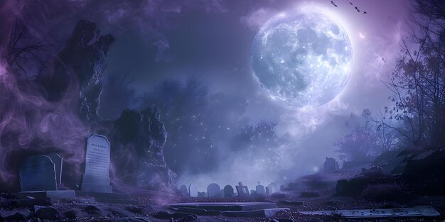 La encantadora transformación del cementerio iluminado por la luna en una escena encantadora y hermosa con espíritus etéreos concepto sesión de fotos de Halloween atmósfera espeluznante noche mágica espíritos encantadores