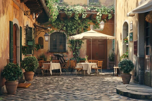 Una encantadora trattoria italiana con asientos al aire libre