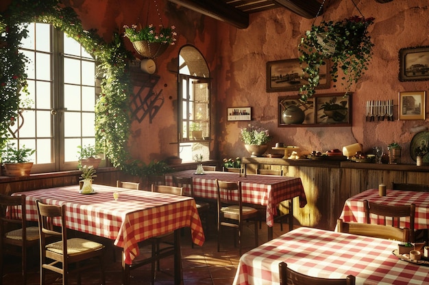 Foto una encantadora trattoria italiana con una mesa a cuadros