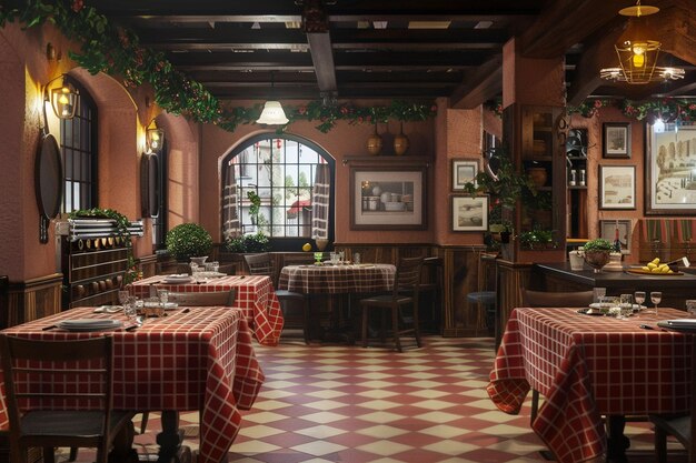 Foto una encantadora trattoria italiana con una mesa a cuadros