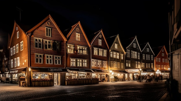 Encantadora vida nocturna en el casco antiguo Edificios de madera iluminados Tabernas y tiendas en medio de un ambiente encantador