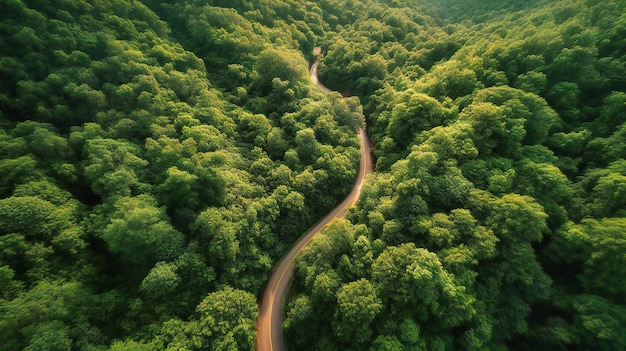 Una encantadora vista aérea de un camino serpenteante a través de un frondoso bosque que evoca una sensación de exploración y tranquilidad
